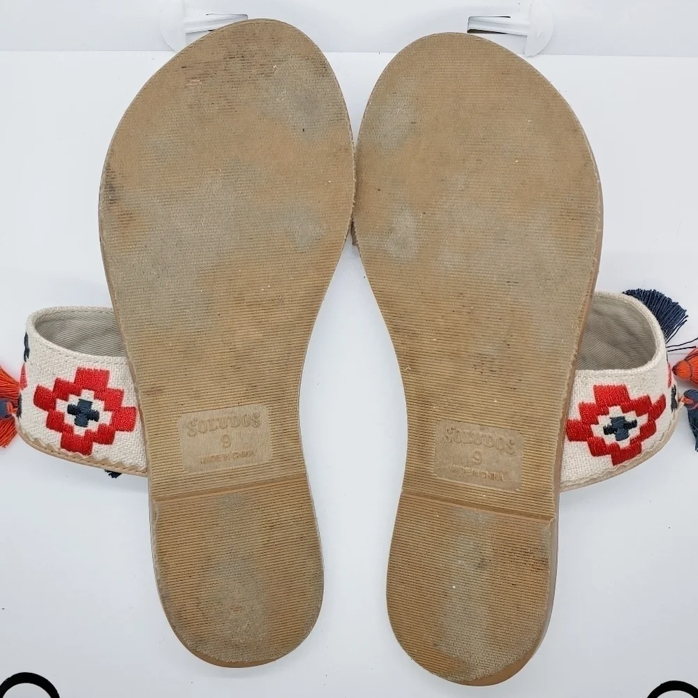 Soludos Embroidered Tassel Slide On Flat Sandals Sz 9 Beachy Boho Casual Picnic